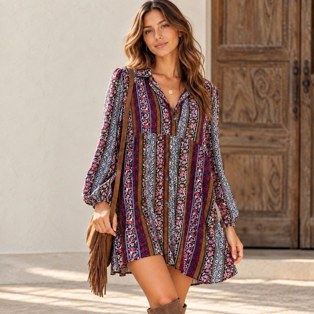Natural Life Floral Stripe Tunic Top Mini Dress Button Front M Boho Hippie NWOT